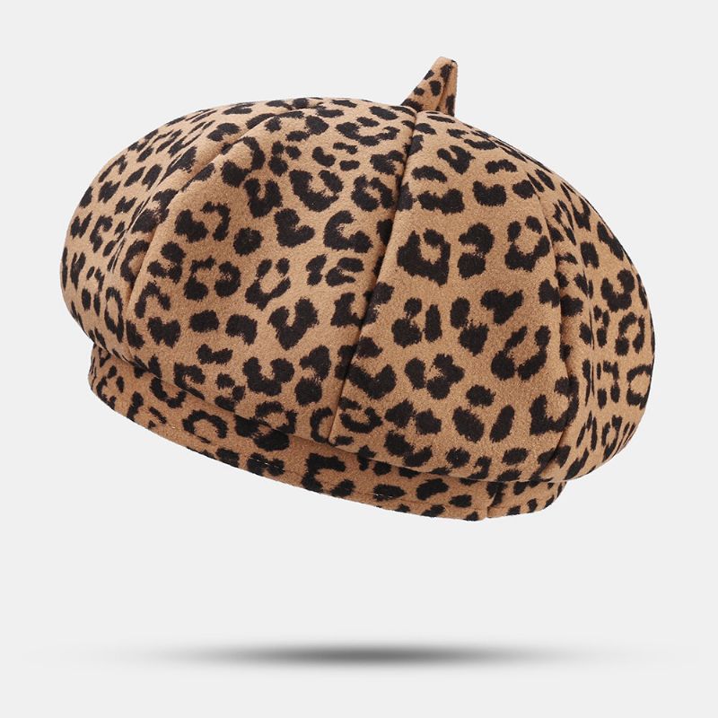 Damen Woolen Warm Young All-match Leopard Pattern Painter Hat Newsboy Hat Octagonal Hat Barett Hat