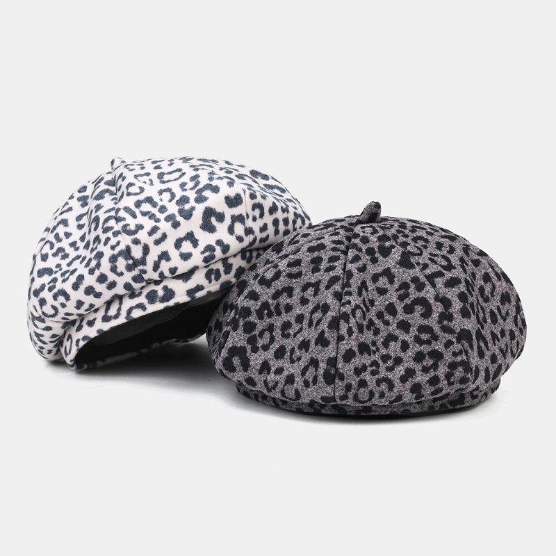 Damen Woolen Warm Young All-match Leopard Pattern Painter Hat Newsboy Hat Octagonal Hat Barett Hat