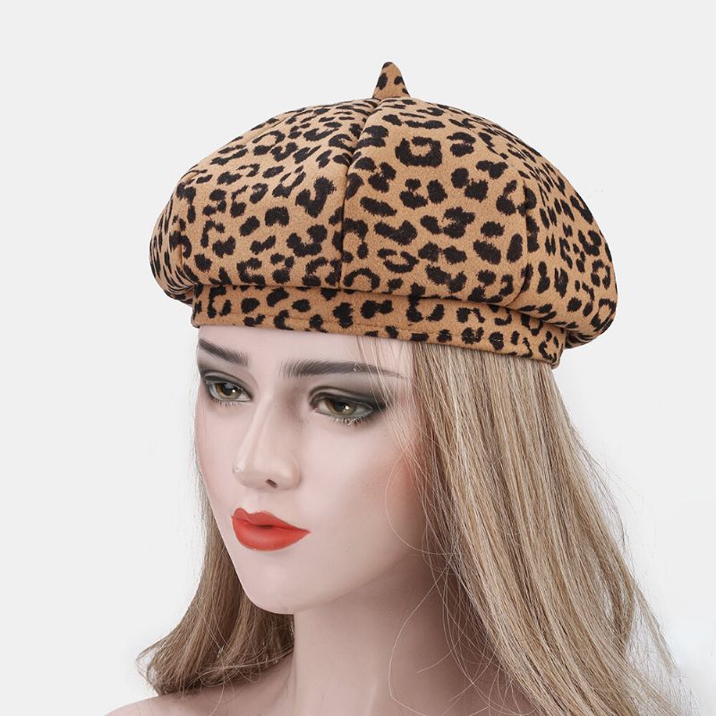 Damen Woolen Warm Young All-match Leopard Pattern Painter Hat Newsboy Hat Octagonal Hat Barett Hat