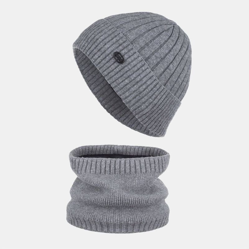 Dickes Gestreiftes Unisex-strickmützen-schal-set Mit Eisenetikett Herbst-winter-plus Samt Dicker Warmer Lätzchen-mütze