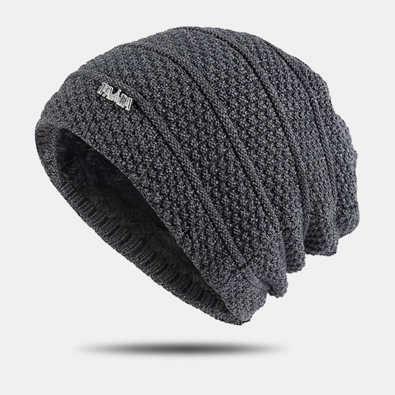 Einfarbige Gestreifte Strickmütze Für Herren Plus Samt Verdicken Wärmende Randlose Beanie-mütze Für Draußen