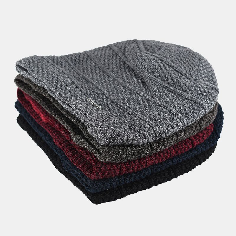 Einfarbige Gestreifte Strickmütze Für Herren Plus Samt Verdicken Wärmende Randlose Beanie-mütze Für Draußen