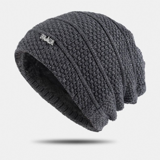 Einfarbige Gestreifte Strickmütze Für Herren Plus Samt Verdicken Wärmende Randlose Beanie-mütze Für Draußen