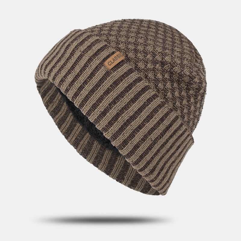 Einfarbige Jacquard-strickmütze Mit Geometrischem Muster Für Herren Lässige Acryl-plus-samt-warme Beanie-mütze Ohne Krempe