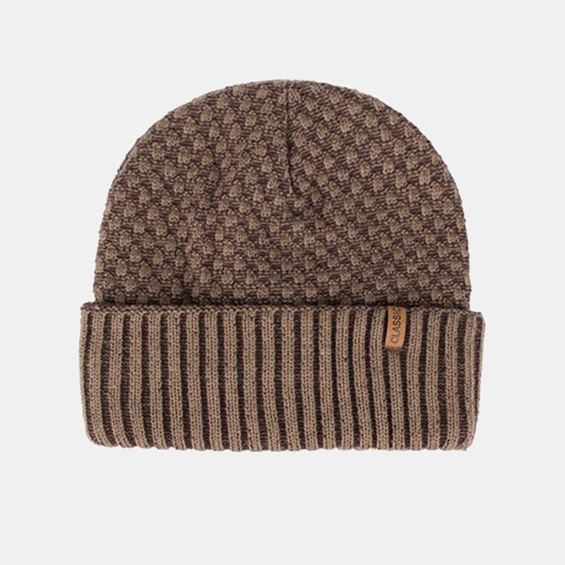 Einfarbige Jacquard-strickmütze Mit Geometrischem Muster Für Herren Lässige Acryl-plus-samt-warme Beanie-mütze Ohne Krempe