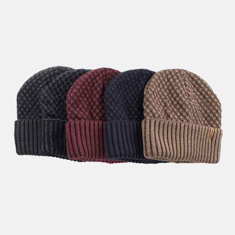 Einfarbige Jacquard-strickmütze Mit Geometrischem Muster Für Herren Lässige Acryl-plus-samt-warme Beanie-mütze Ohne Krempe