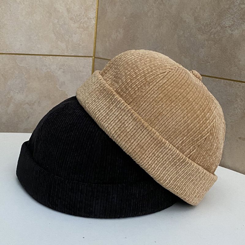 Einfarbige Verstellbare Unisex-schädelmütze Aus Kordsamt Lässige Wilde Randlose Beanie-kappe Mit Sonnenschutz