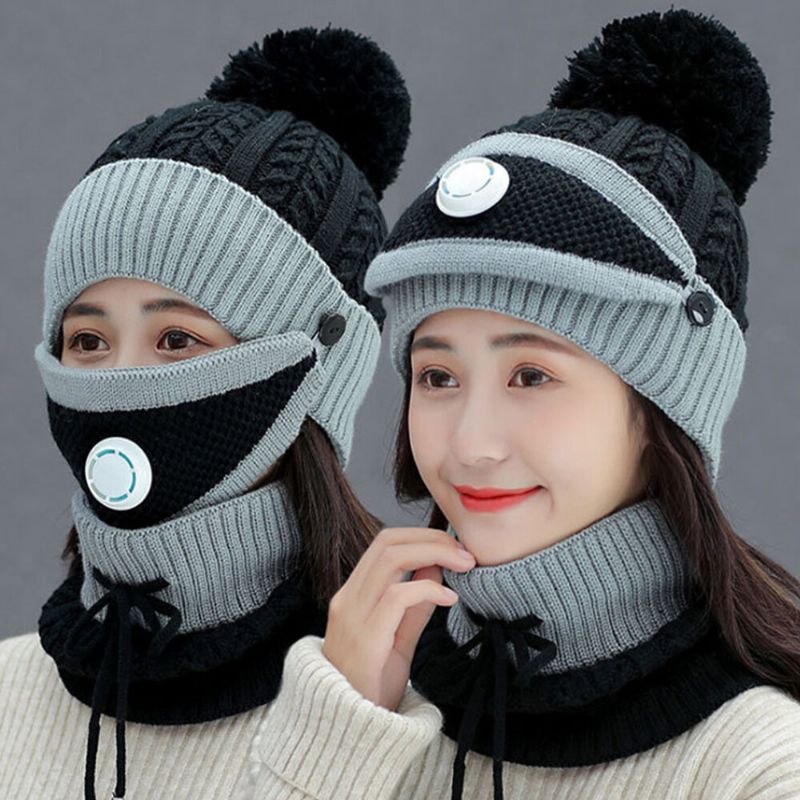 Frauen 3pcs Wolle Plus Samt Dicker Warmer Winddichter Nacken-gesichtsschutz Reiten Strickmütze Maske Schal