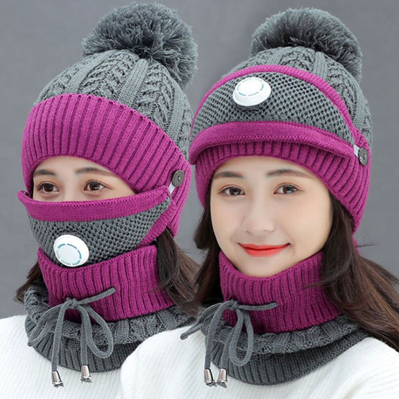 Frauen 3pcs Wolle Plus Samt Dicker Warmer Winddichter Nacken-gesichtsschutz Reiten Strickmütze Maske Schal