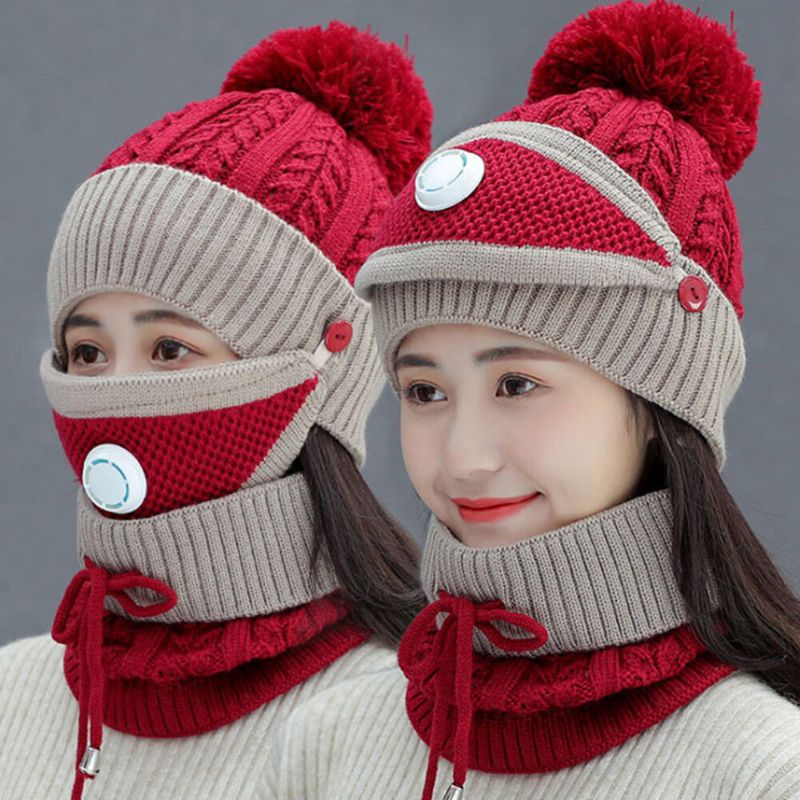 Frauen 3pcs Wolle Plus Samt Dicker Warmer Winddichter Nacken-gesichtsschutz Reiten Strickmütze Maske Schal