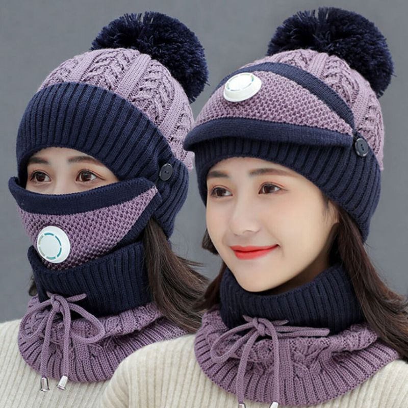 Frauen 3pcs Wolle Plus Samt Dicker Warmer Winddichter Nacken-gesichtsschutz Reiten Strickmütze Maske Schal