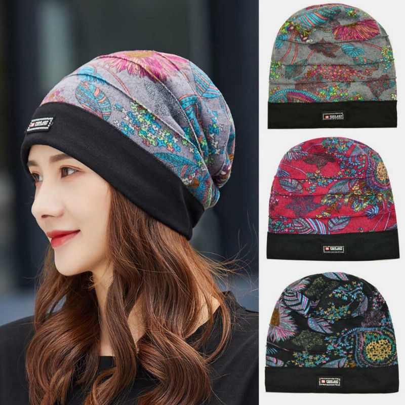 Frauen Baumwolle Blumenmuster Lässige Mode Atmungsaktive Outdoor-falten Halten Warm Turban-mütze