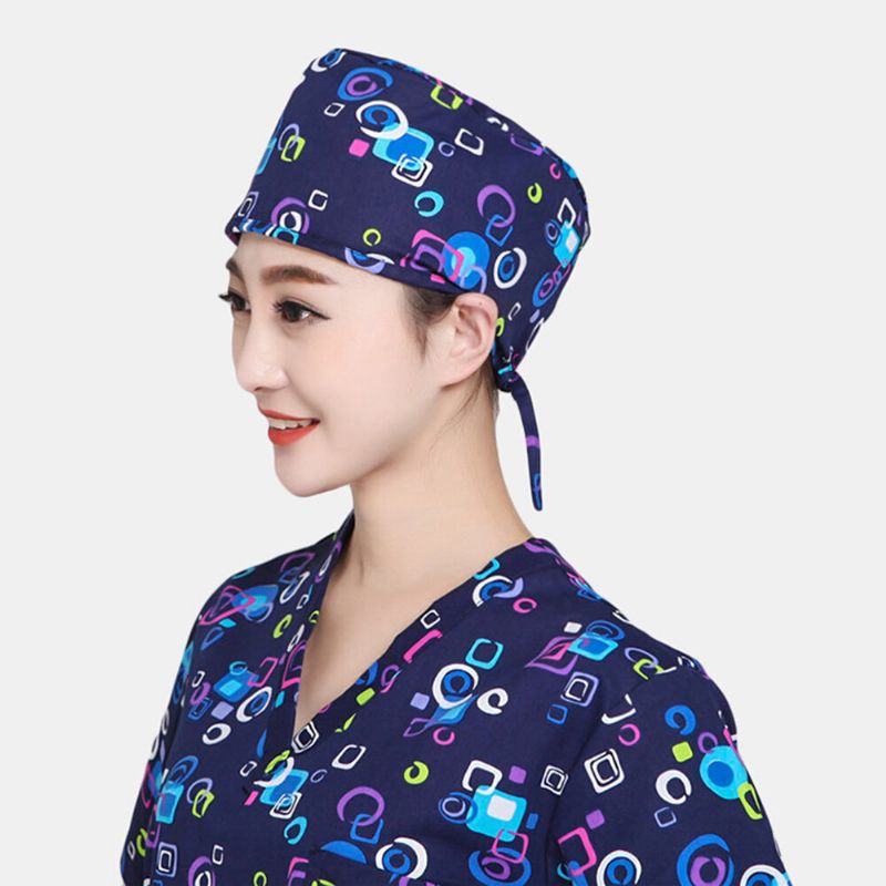 Frauen Bedruckte Op-mütze Aus Baumwolle Arzt Krankenschwester Strap Hairdo Hat Dental Work Cap Beanie