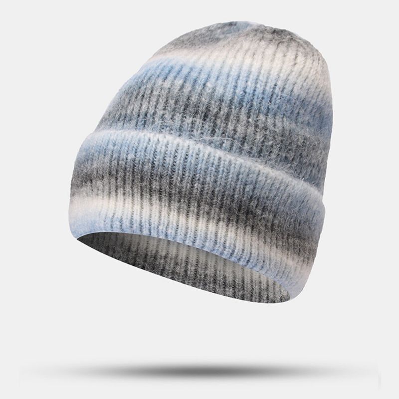 Frauen Farbverlauf Herbst Winter Warme Strickmütze Persönlichkeit Wild Bördeln Gehörschutz Beanie Mütze