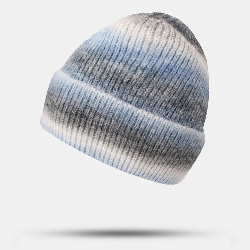 Frauen Farbverlauf Herbst Winter Warme Strickmütze Persönlichkeit Wild Bördeln Gehörschutz Beanie Mütze