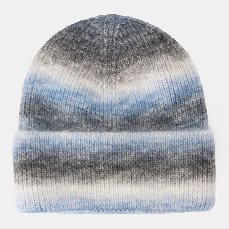 Frauen Farbverlauf Herbst Winter Warme Strickmütze Persönlichkeit Wild Bördeln Gehörschutz Beanie Mütze