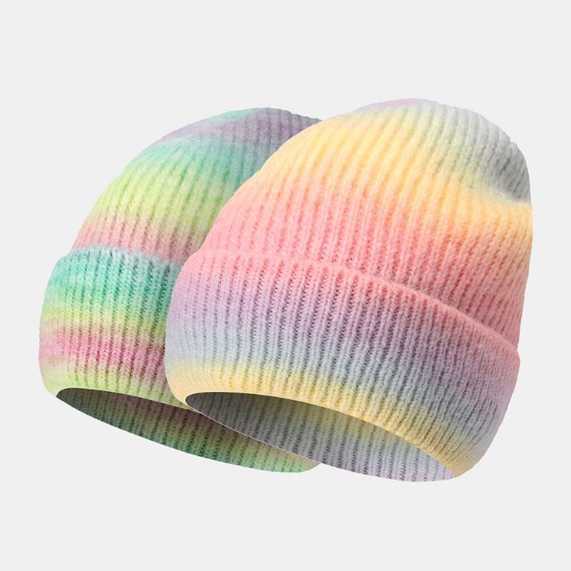 Frauen Farbverlauf Herbst Winter Warme Strickmütze Persönlichkeit Wild Bördeln Gehörschutz Beanie Mütze