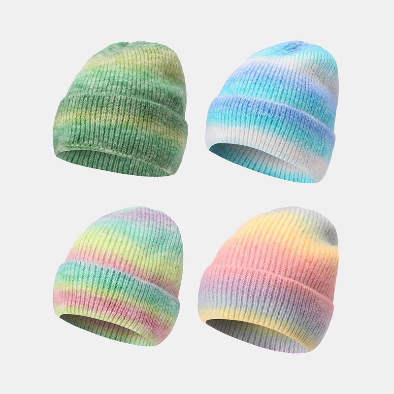 Frauen Farbverlauf Herbst Winter Warme Strickmütze Persönlichkeit Wild Bördeln Gehörschutz Beanie Mütze