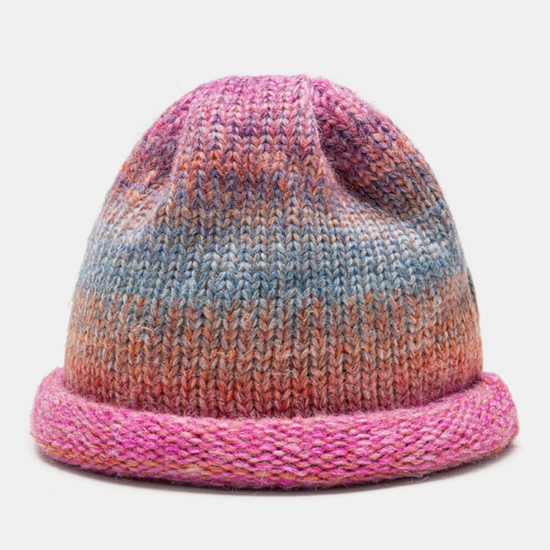 Frauen Mischfarbe Gestrickt Tie-dye Farbverlauf Vintage Mode Wärme Brimless Beanie Mütze