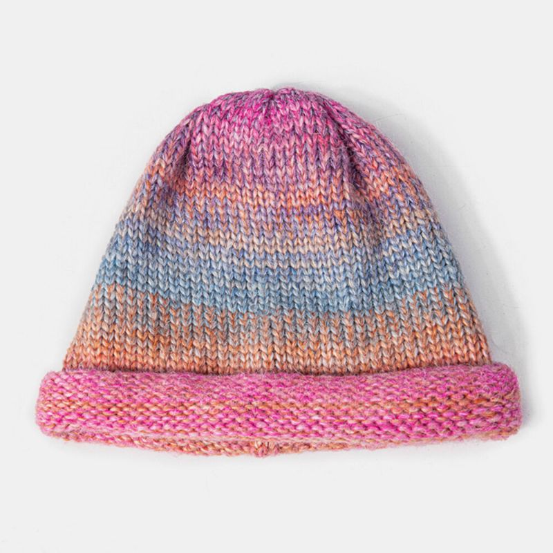 Frauen Mischfarbe Gestrickt Tie-dye Farbverlauf Vintage Mode Wärme Brimless Beanie Mütze