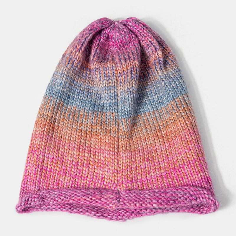 Frauen Mischfarbe Gestrickt Tie-dye Farbverlauf Vintage Mode Wärme Brimless Beanie Mütze