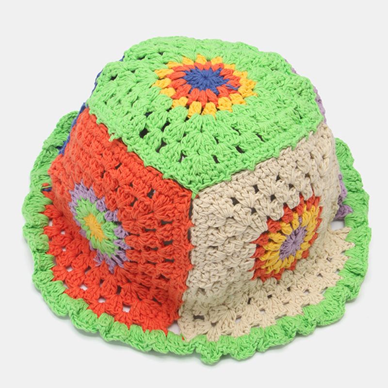 Frauen-sonnenmuster-hohler Regenbogen Gestrickter Baotou-kappen-sommer-atmungsaktiver Eimer-hut