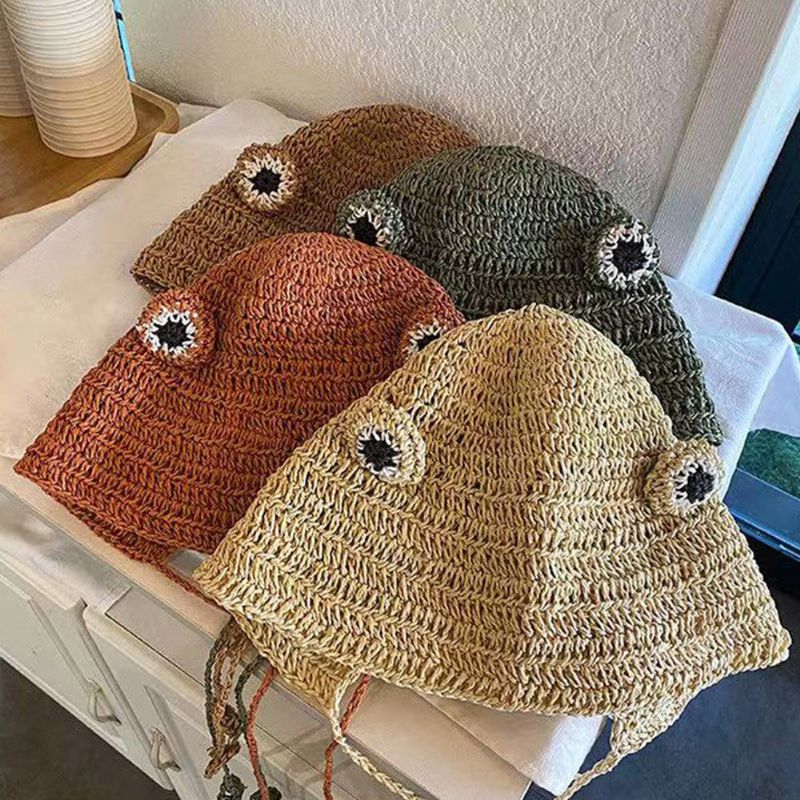 Frauen Stroh Gewebte Einfarbige Froschform Niedliche Mode Sonnencreme Strohhut Gestrickte Mütze