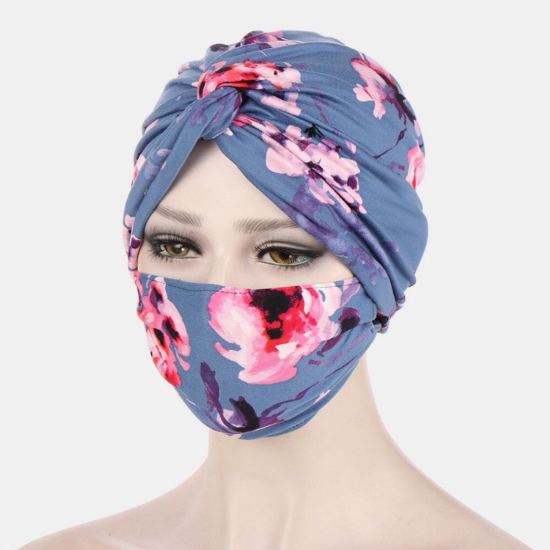 Geknotete Beanie-hut-masken-set Für Damen Polyester Blumenblätter Tie-dye Leopardenmuster Anti-würge-knopf Atmungsaktiver Turban-hut