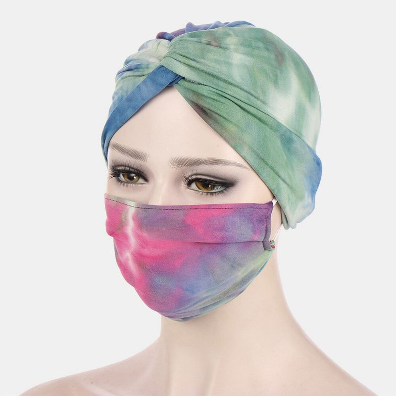 Geknotete Beanie-hut-masken-set Für Damen Polyester Blumenblätter Tie-dye Leopardenmuster Anti-würge-knopf Atmungsaktiver Turban-hut