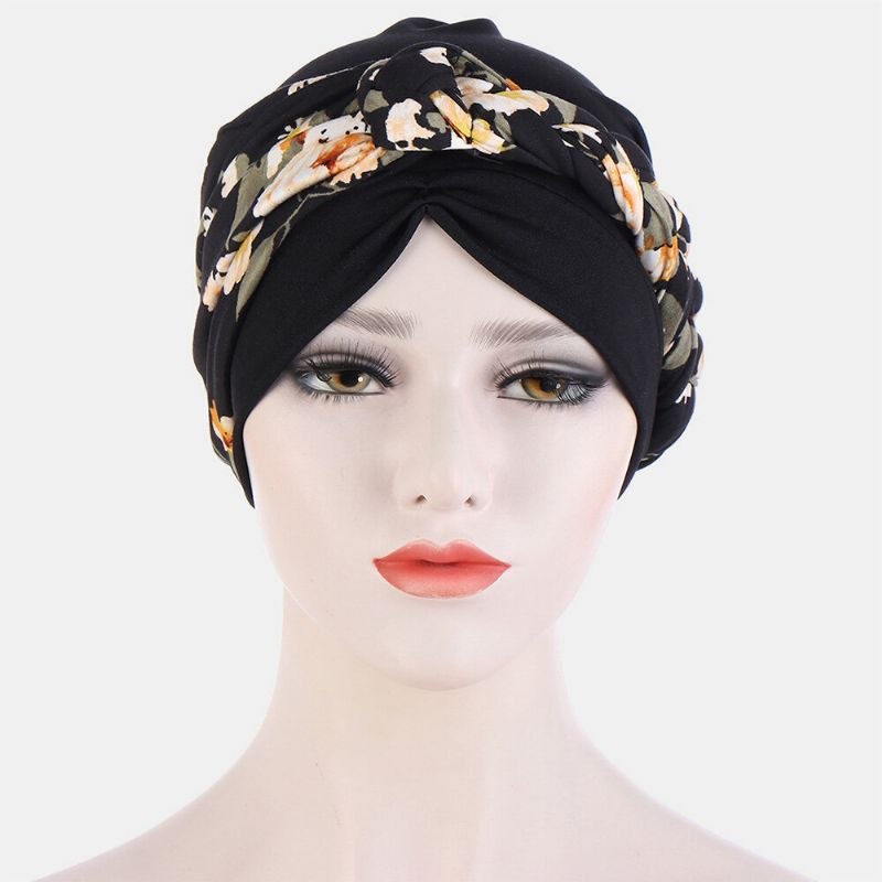 Geknotete Geflochtene Beanie-mütze Für Damen Polyester Blumenblätter Leopardenmuster Atmungsaktiv Turban-mütze