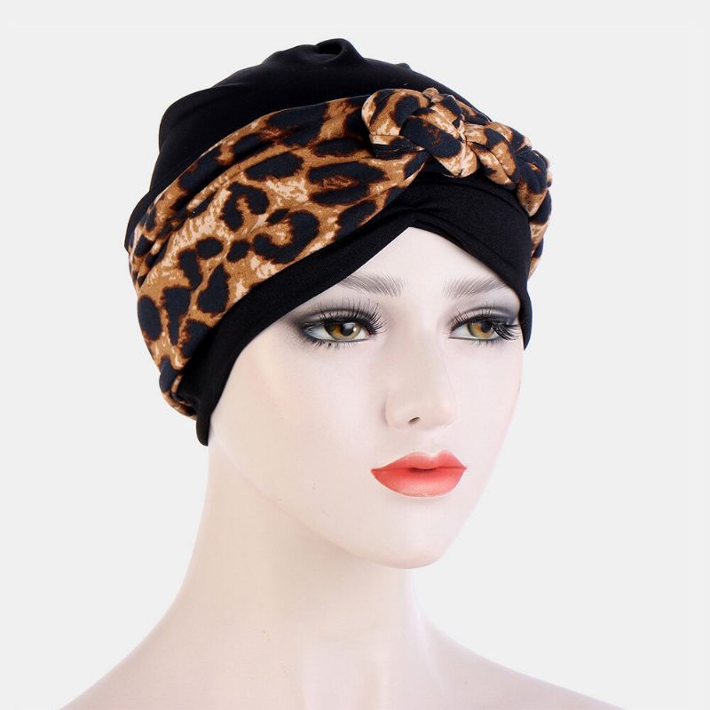 Geknotete Geflochtene Beanie-mütze Für Damen Polyester Blumenblätter Leopardenmuster Atmungsaktiv Turban-mütze