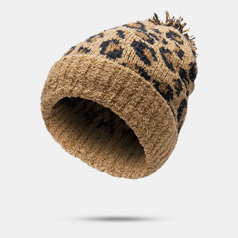 Gestrickte Unisex-fellknäuel-dekoration Mit Leopardenmuster Lässige Wärme-beanie-mütze