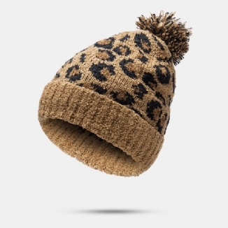 Gestrickte Unisex-fellknäuel-dekoration Mit Leopardenmuster Lässige Wärme-beanie-mütze