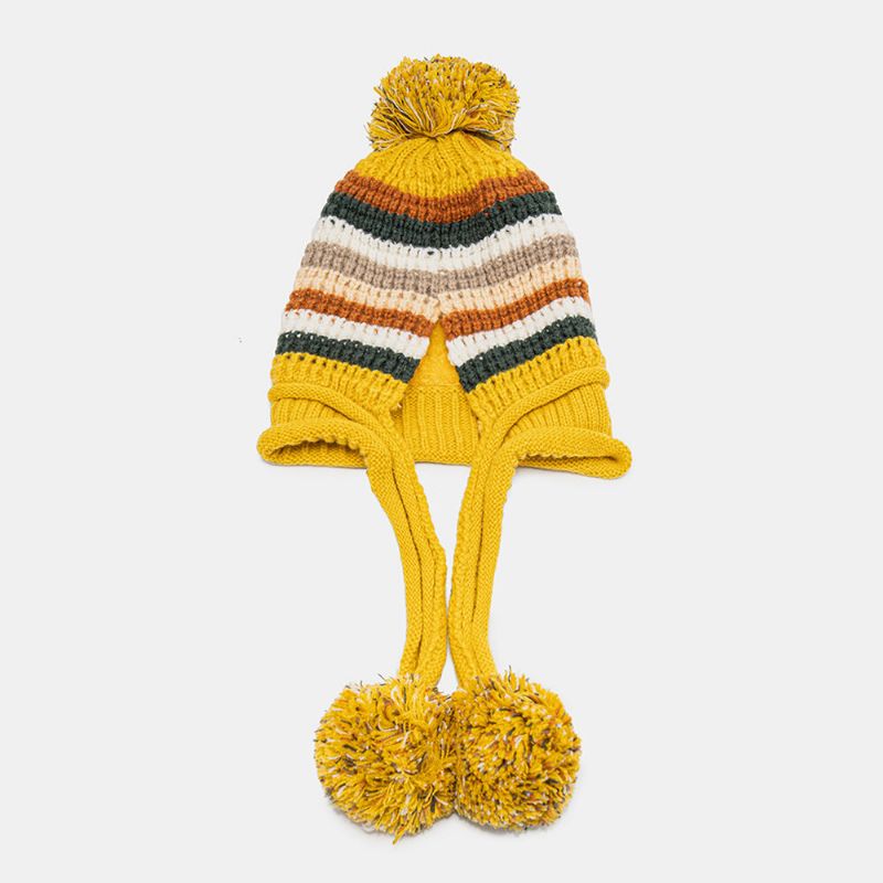 Gestrickter Plus-samt-ohrschutz Für Damen Farblich Passend Gestreift Pelzknäuel Dekoration Wärmende Beanie-mütze