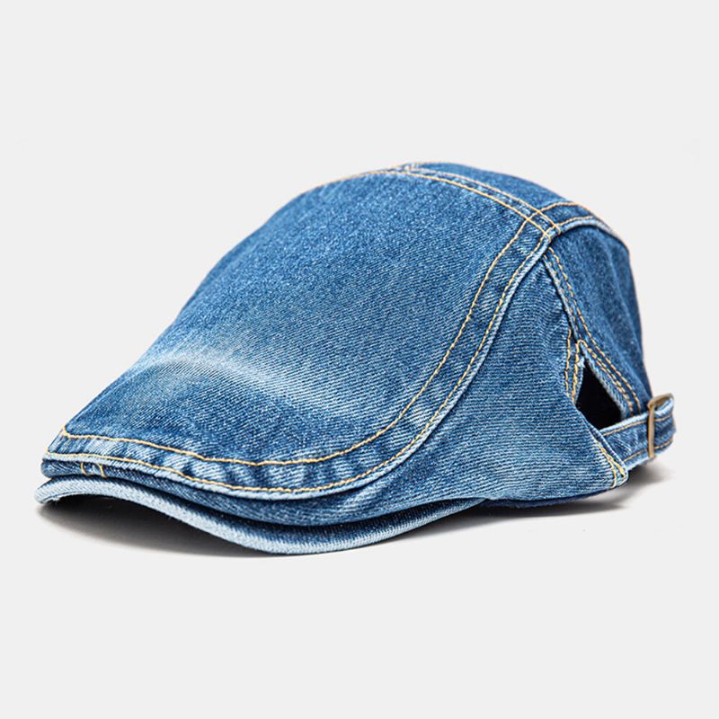 Herren Ballonmützen Denim Sonnenschutz Wärme Wild Einfarbig Abgesteppte Stiche Metall Letter Label British Beret Schiebermütze