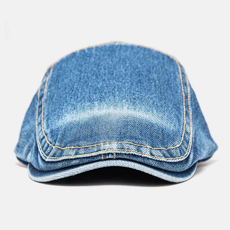 Herren Ballonmützen Denim Sonnenschutz Wärme Wild Einfarbig Abgesteppte Stiche Metall Letter Label British Beret Schiebermütze