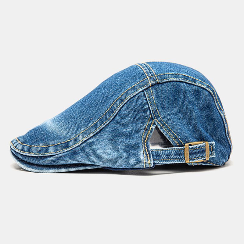 Herren Ballonmützen Denim Sonnenschutz Wärme Wild Einfarbig Abgesteppte Stiche Metall Letter Label British Beret Schiebermütze