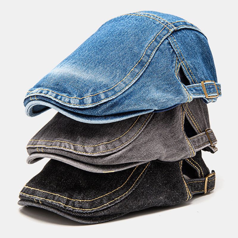 Herren Ballonmützen Denim Sonnenschutz Wärme Wild Einfarbig Abgesteppte Stiche Metall Letter Label British Beret Schiebermütze