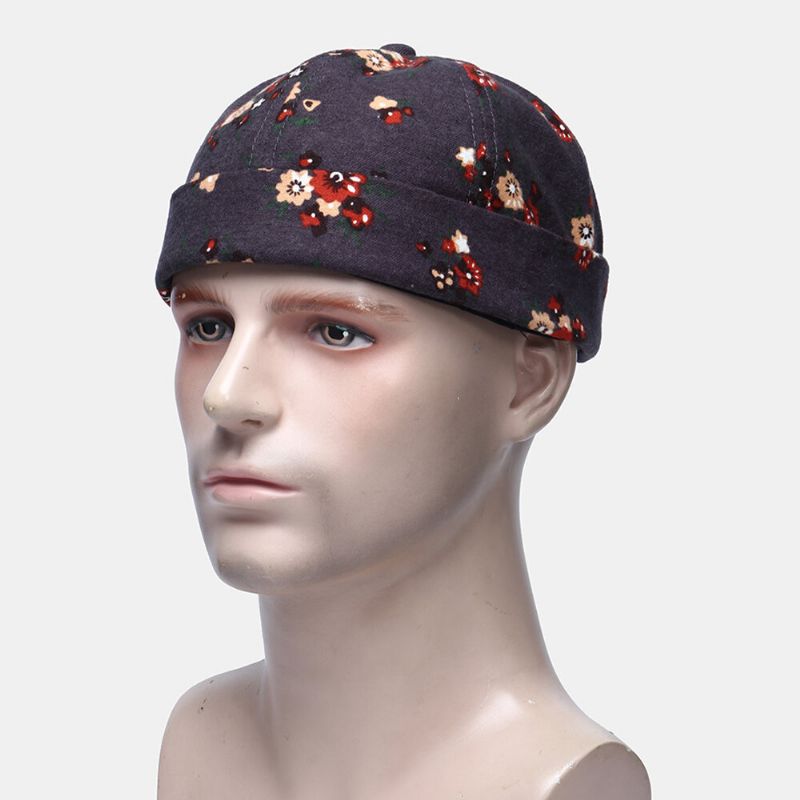 Herren Baumwolle Blumenmuster Verstellbare Retro Casual Crimp Beanie Landlord Cap Skull Cap