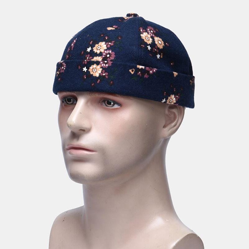 Herren Baumwolle Blumenmuster Verstellbare Retro Casual Crimp Beanie Landlord Cap Skull Cap