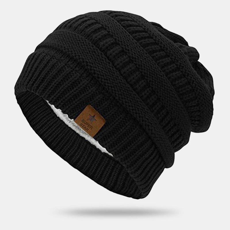 Herren Beanie Mützen Gestrickt Plus Samt Gestreifter Fünfzackiger Stern Buchstabe Label Warmth Skull Cap