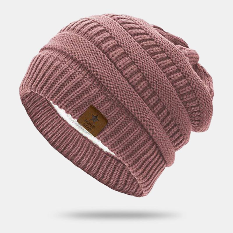 Herren Beanie Mützen Gestrickt Plus Samt Gestreifter Fünfzackiger Stern Buchstabe Label Warmth Skull Cap