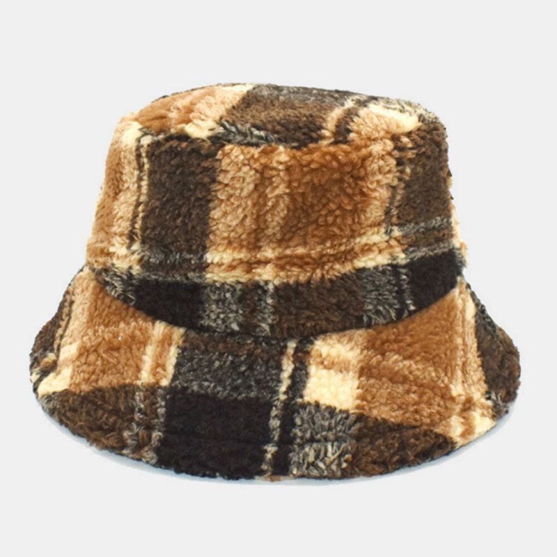 Herren Bucket Hat Lammwolle Winter Dicker Plüsch Warme Gitter Fischermütze