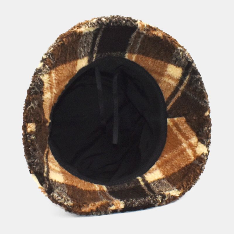 Herren Bucket Hat Lammwolle Winter Dicker Plüsch Warme Gitter Fischermütze