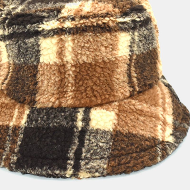 Herren Bucket Hat Lammwolle Winter Dicker Plüsch Warme Gitter Fischermütze