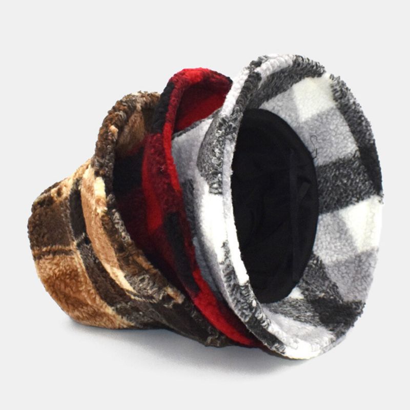 Herren Bucket Hat Lammwolle Winter Dicker Plüsch Warme Gitter Fischermütze