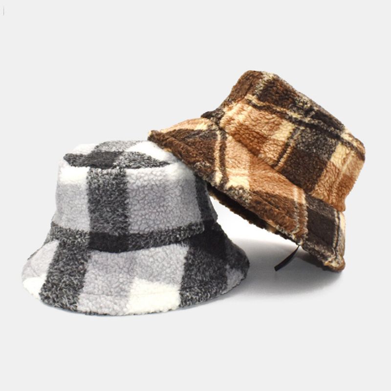 Herren Bucket Hat Lammwolle Winter Dicker Plüsch Warme Gitter Fischermütze