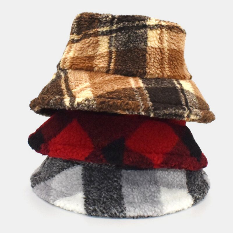 Herren Bucket Hat Lammwolle Winter Dicker Plüsch Warme Gitter Fischermütze