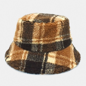 Herren Bucket Hat Lammwolle Winter Dicker Plüsch Warme Gitter Fischermütze