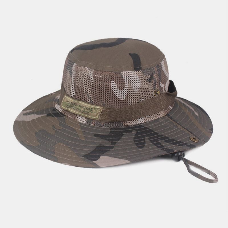 Herren Camouflage Mesh Atmungsaktiver Big Brim Outdoor Bergsteigen Sonnenschutz Bucket Hat